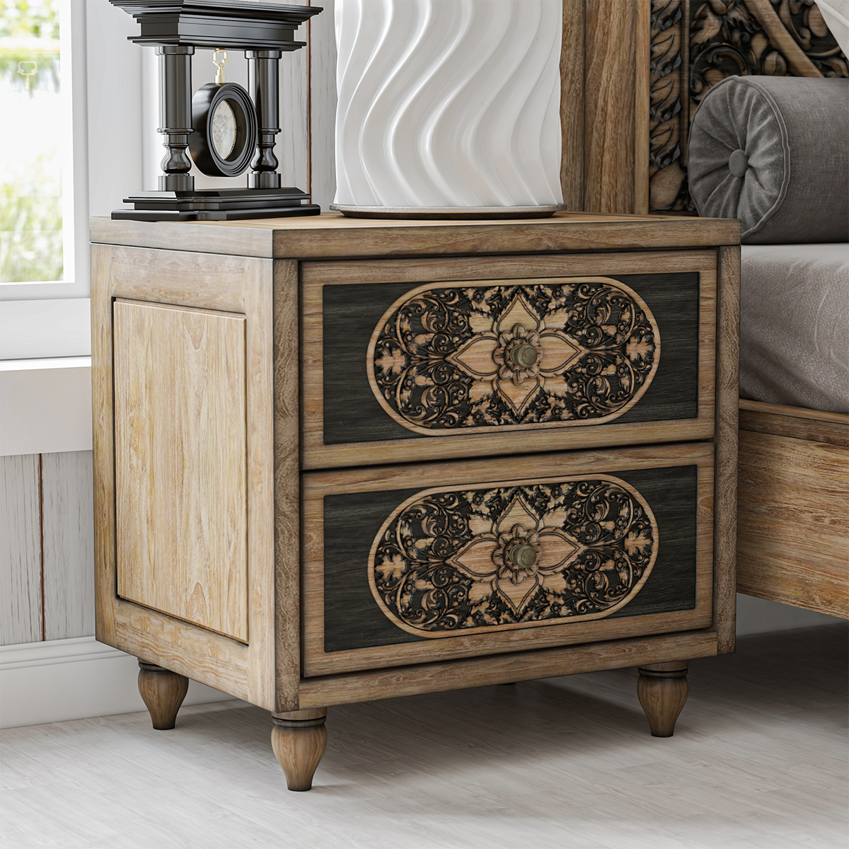 Treviso Solid Wood Hand-carved 2 Drawers Nightstand