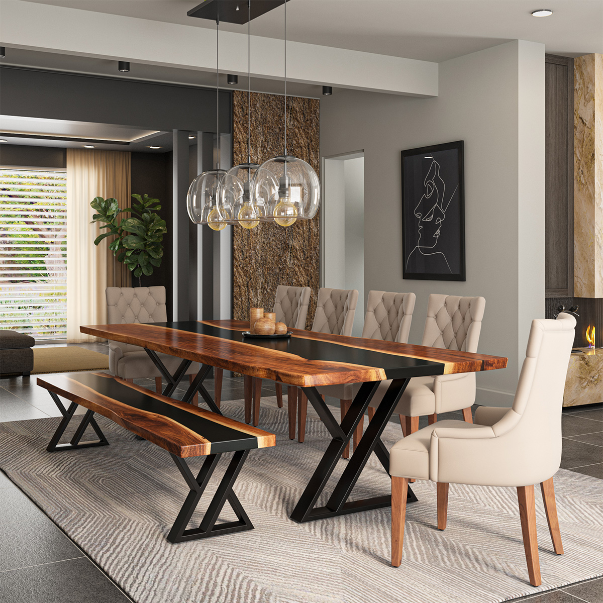 Penngrove Epoxy Live Edge Dining Table Set with Bench