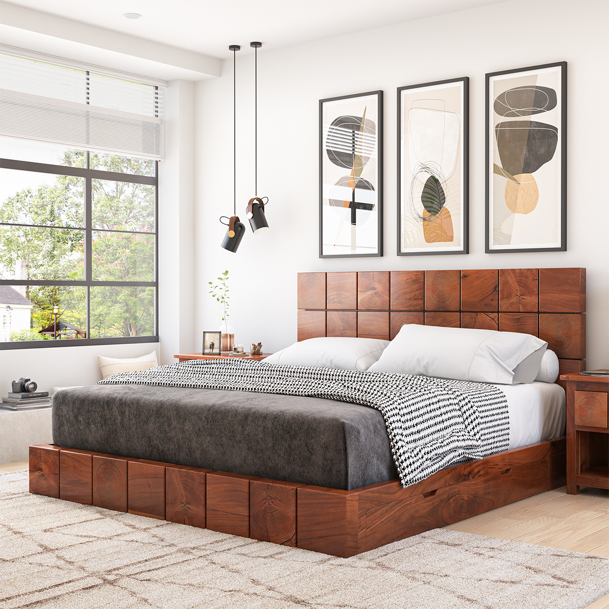 Ripon Modern Acacia Low Profile Platform Bed with Storage