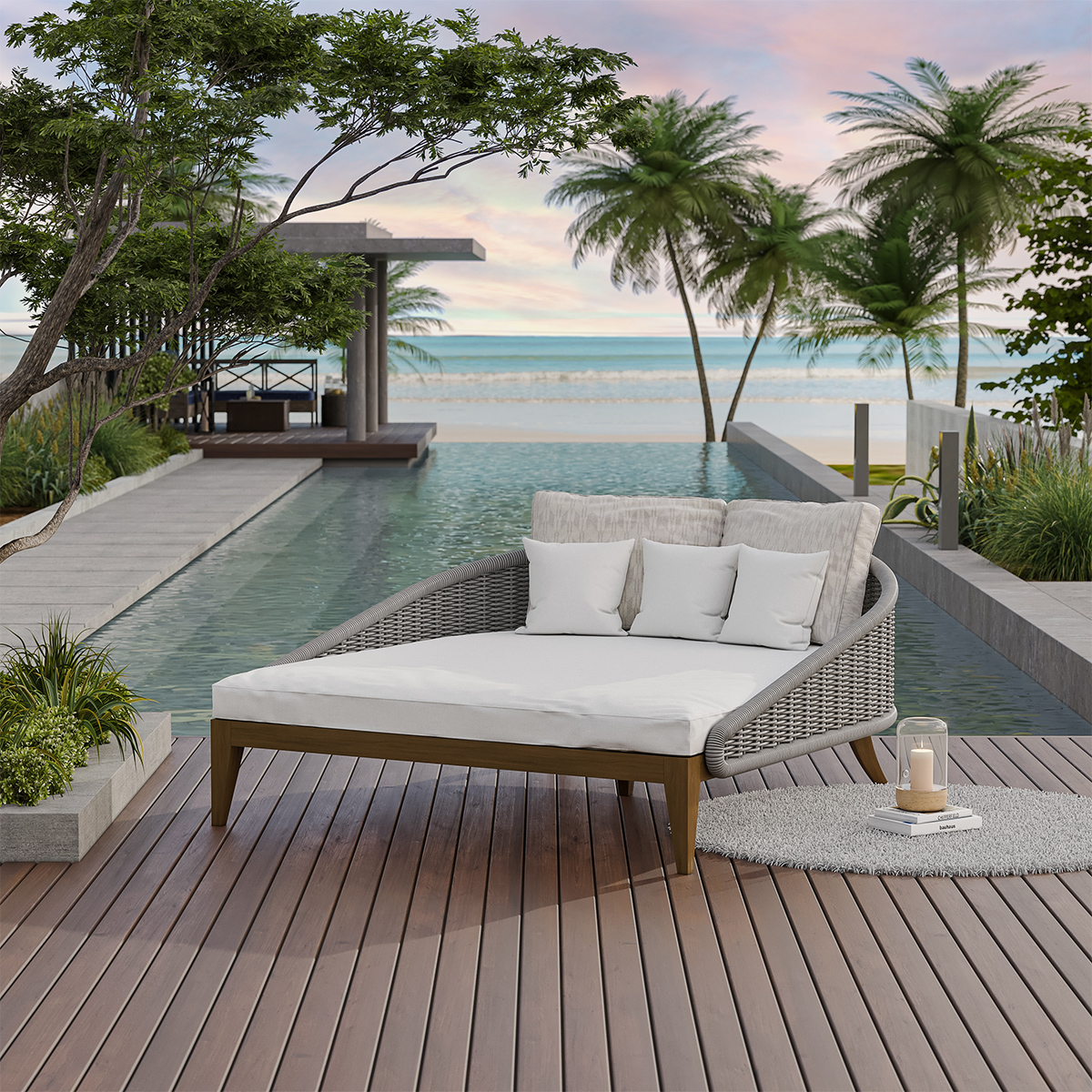 Doyle Modern Teak & Wicker Outdoor Daybed