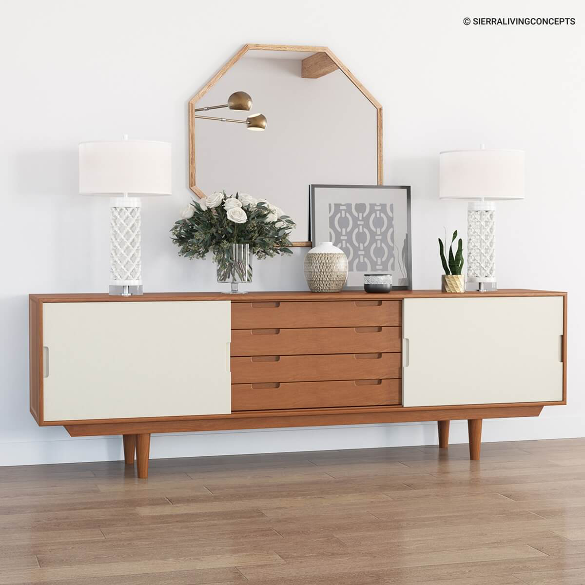 Aragon Two Tone Mid-Century Modern Solid Wood Large Sideboard Cabinet