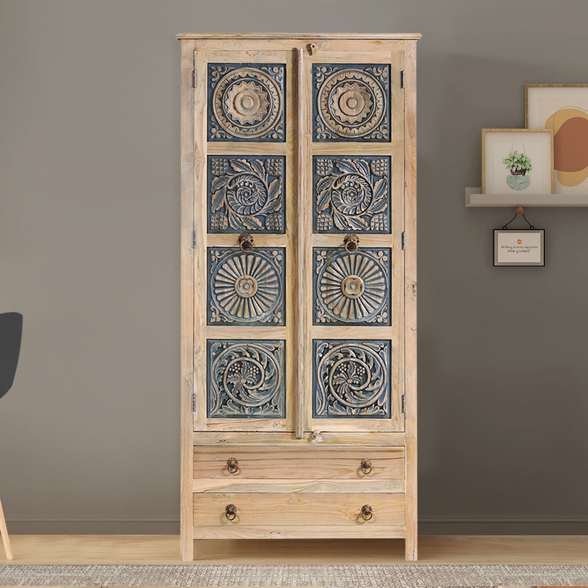 Yolo Vintage Style Two Tone Handcarved Wooden Armoire with Two Drawers