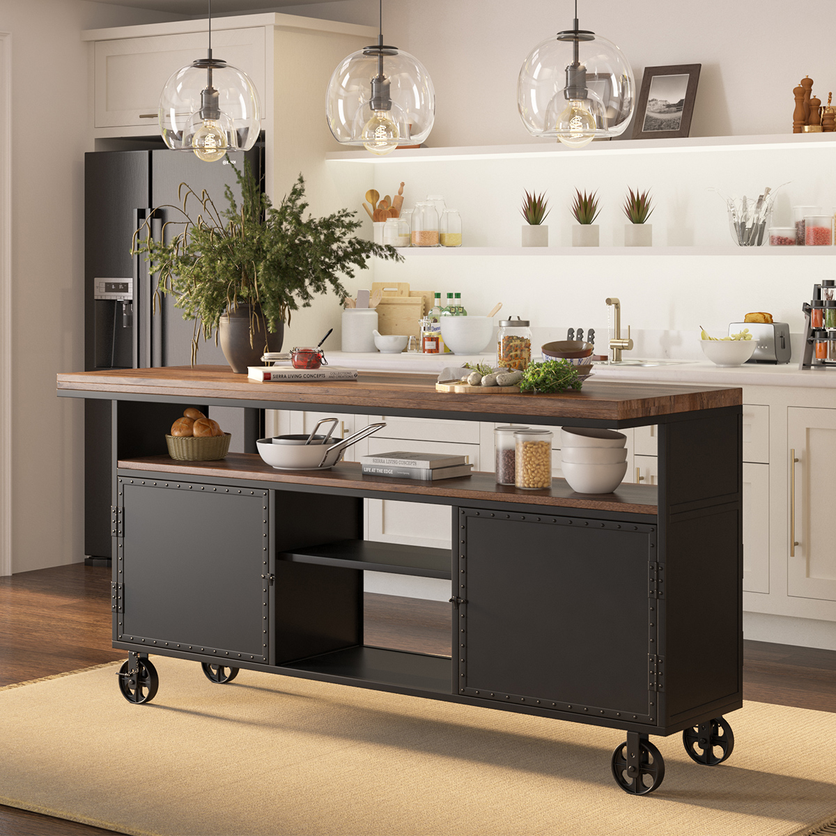 Herald Industrial Black Movable Kitchen Island Cabinet