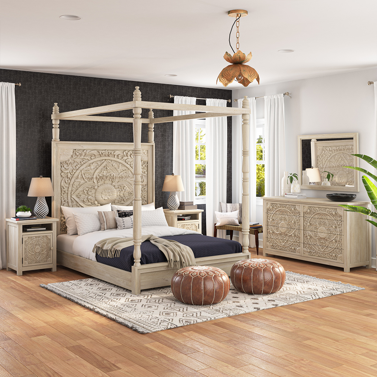 Memphis Weathered Hand-carved Solid Mahogany Wood Bedroom Set