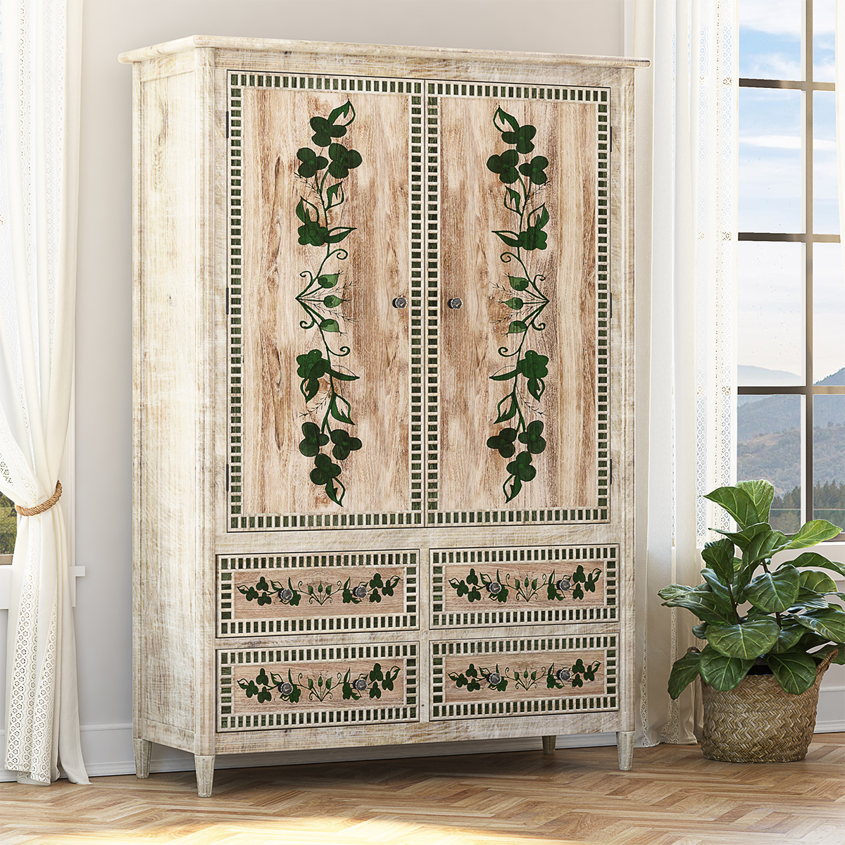 Cotswolds Hand-Painted Solid Wood Armoire with 4 Drawers