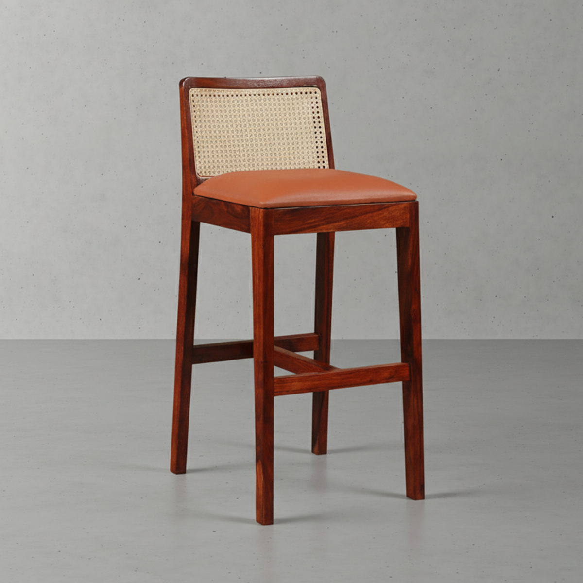 Orange Mid Century Leather Bar Stool with Cane Back