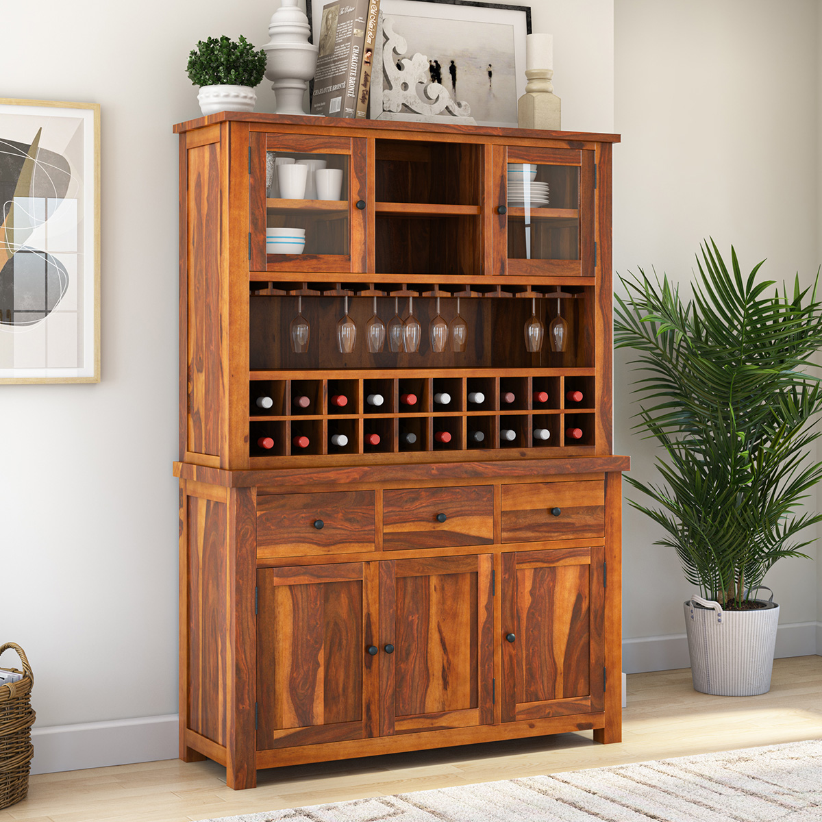 Cloverdale Rustic Solid Wood Wine Bar Hutch Cabinet