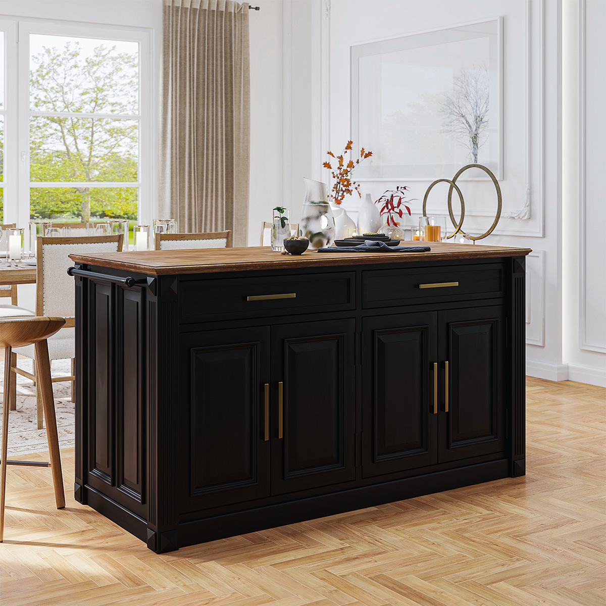 Waukon Solid Wood Classic Black Kitchen Island with Storage