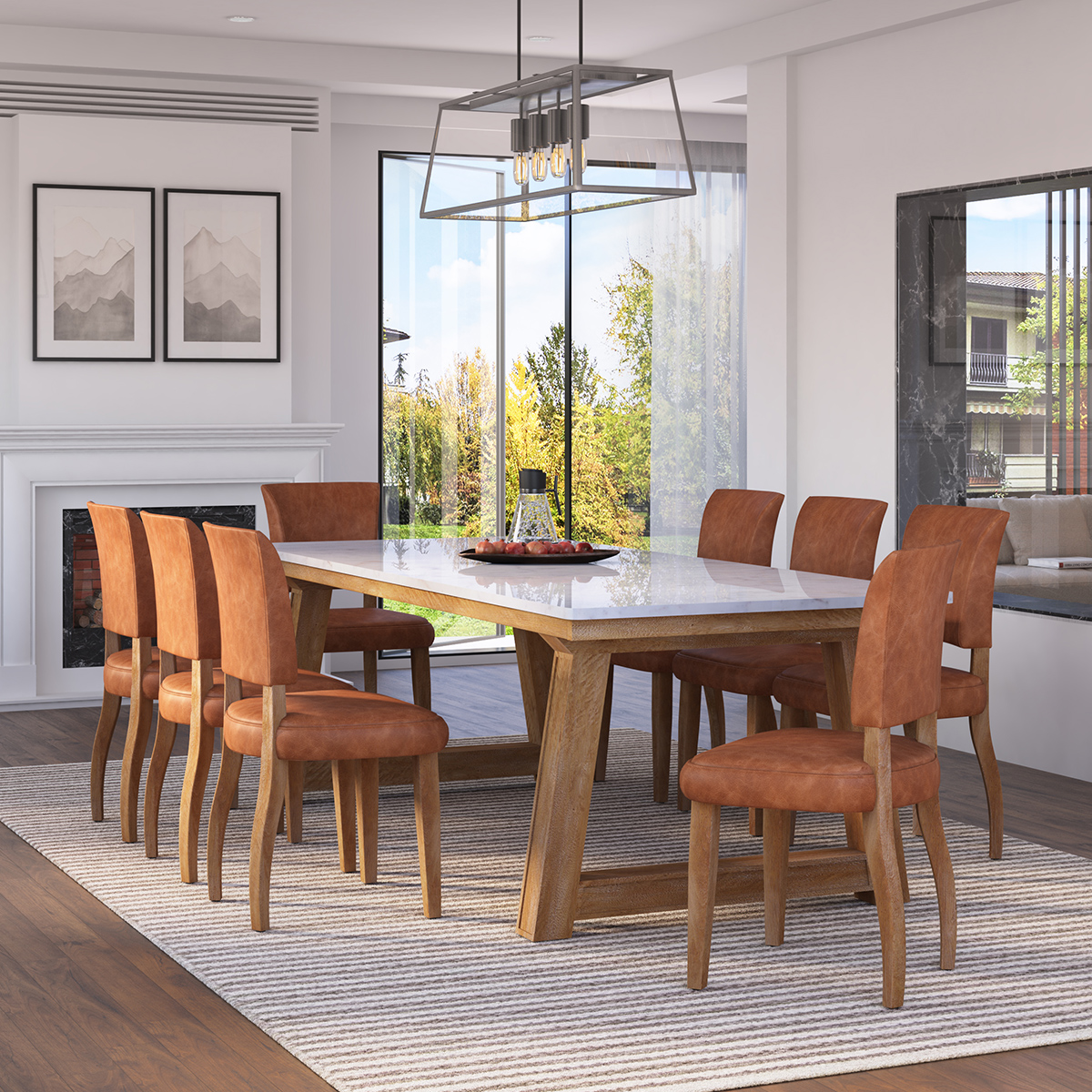 Detroit Solid Wood Marble Top Dining Table Set