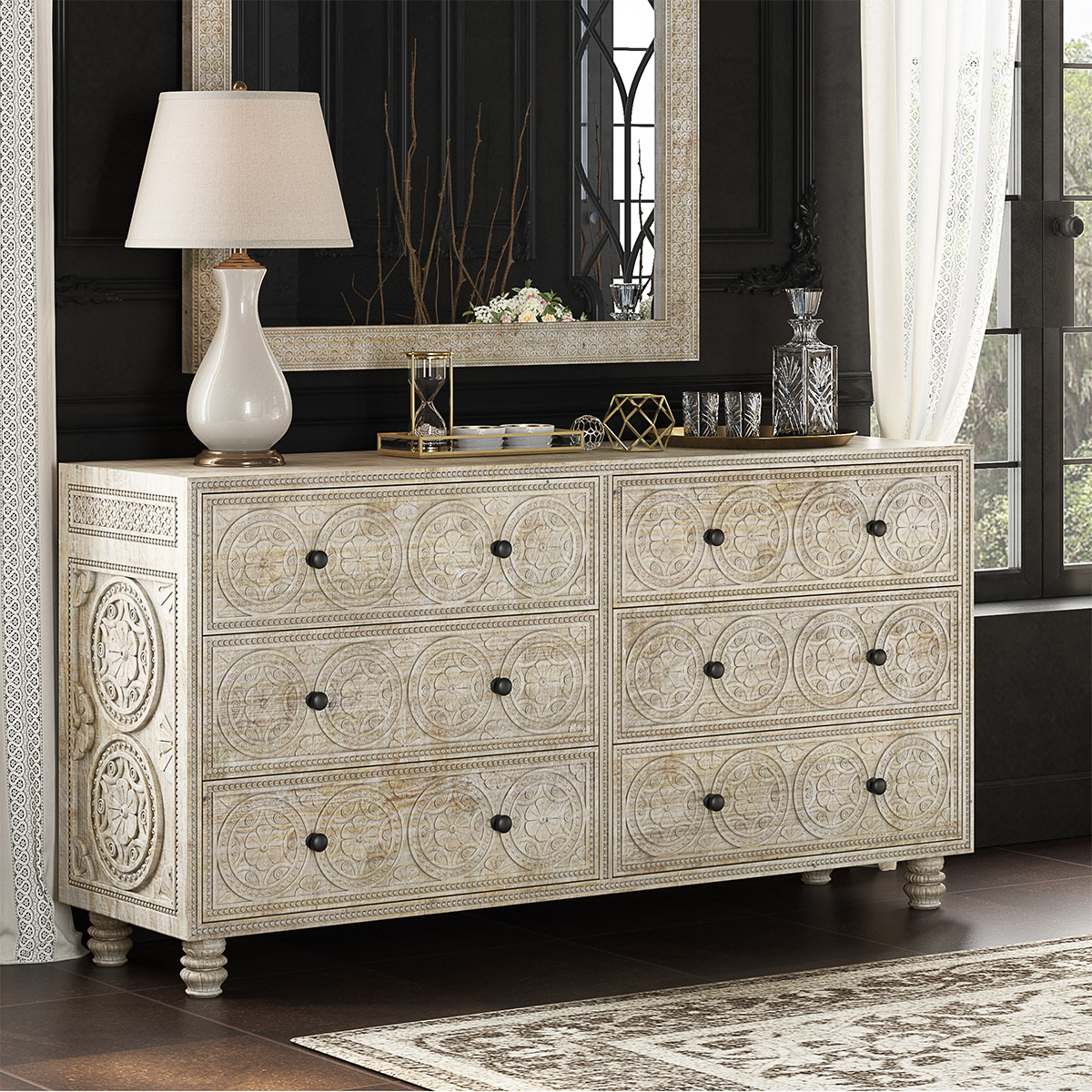 Lahaina Solid Wood Hand Carved Moroccan Style 6 Drawer Dresser