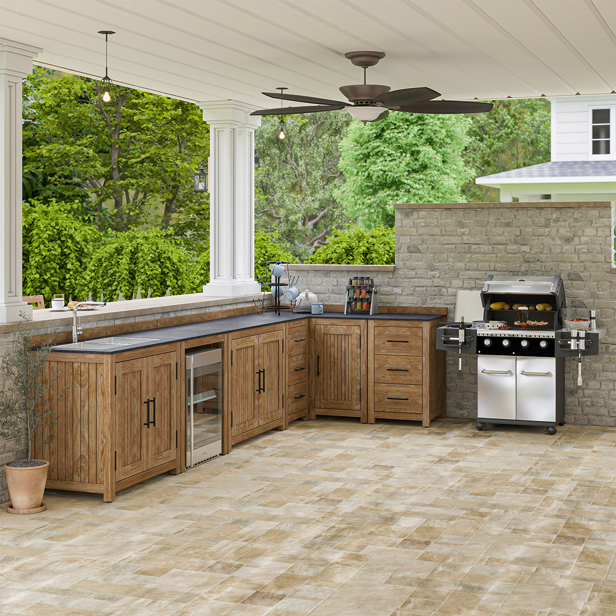 Monroe Rustic 5 Piece Outdoor Kitchen Set with Fridge Space