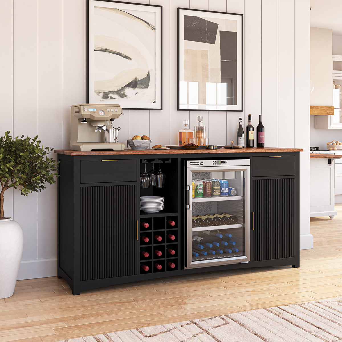Gary Modern Black Bar Cabinet with Mini Fridge Space