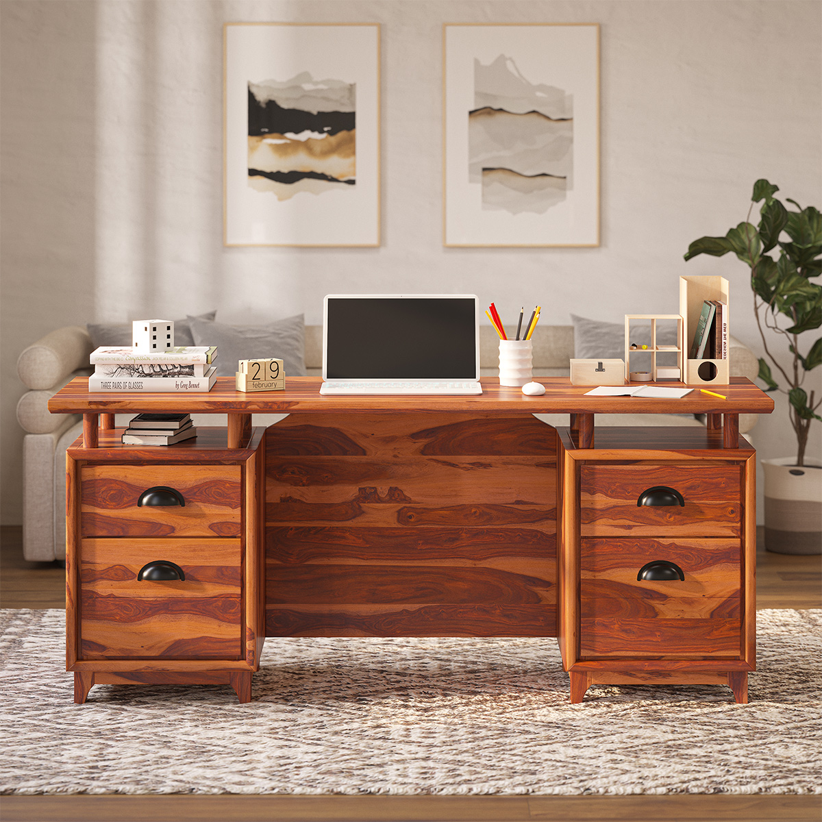 Hondah Rustic 70 Inch Large Home Office Solid Wood Desk with Drawers