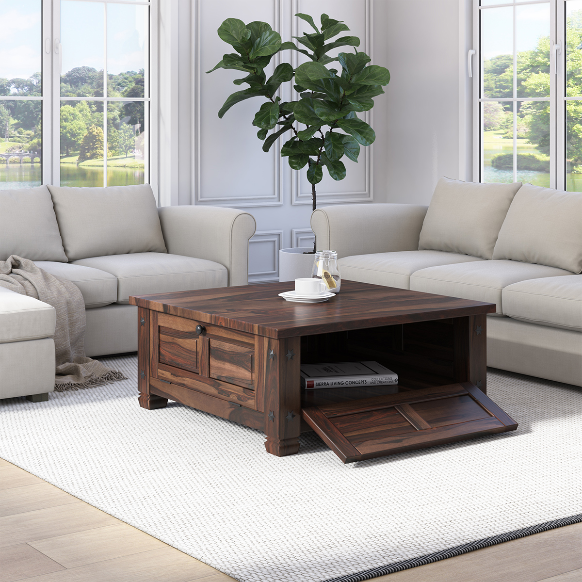 Russet Solid Wood 4 doors Square Rustic Coffee Table With Storage