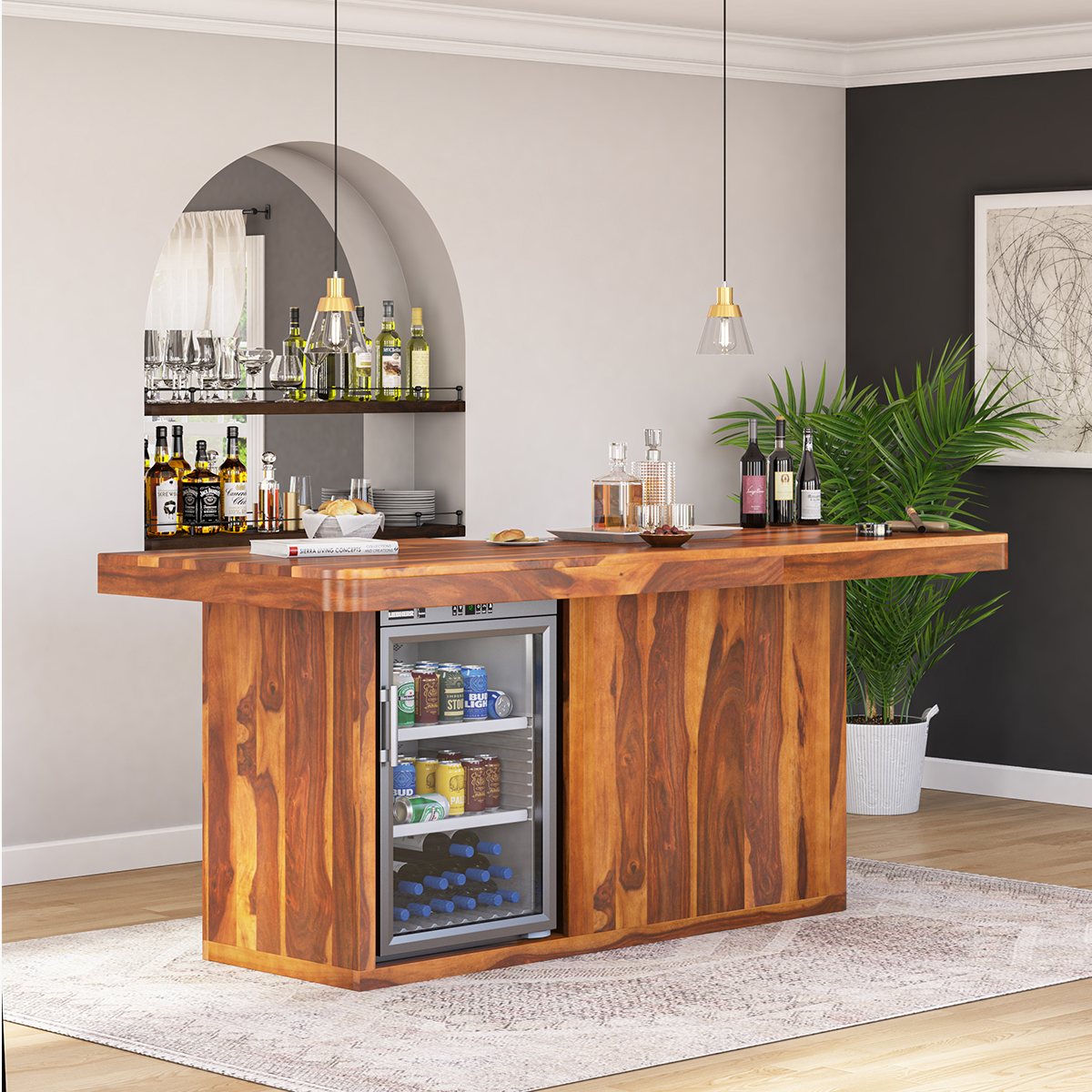 Harrisburg Rustic Home Bar Counter with Mini Fridge Space