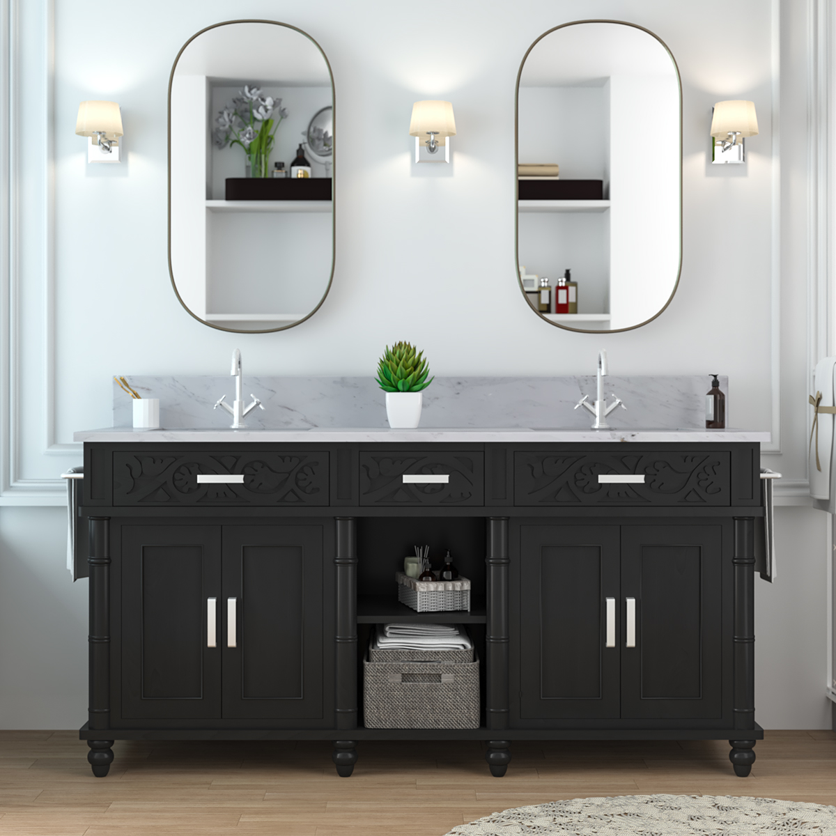 Ponce Farmhouse Solid Wood Black Bathroom Vanity with Double Sink Space