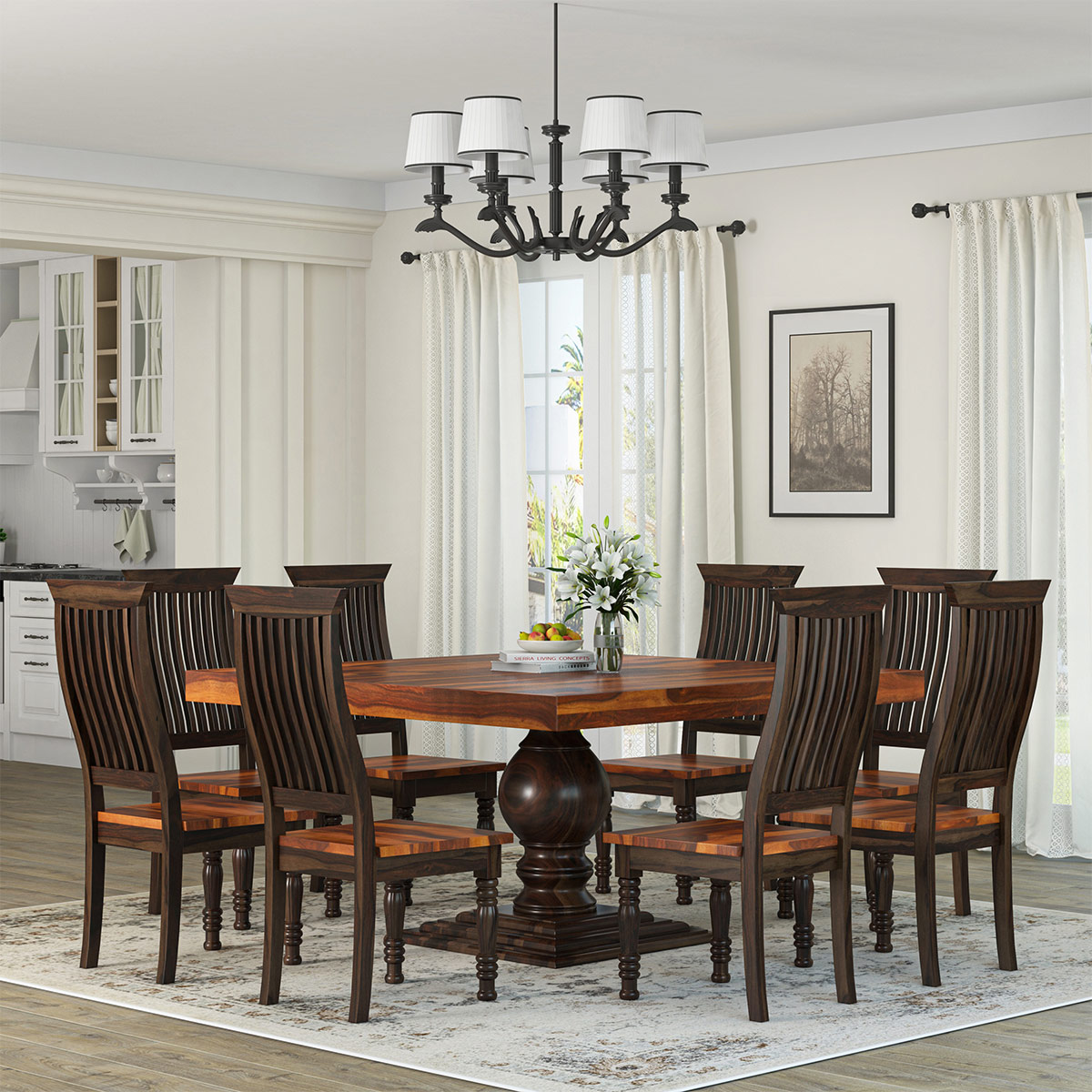 Minneapolis Farmhouse Solid Wood Square Dining Room Table Set For 8