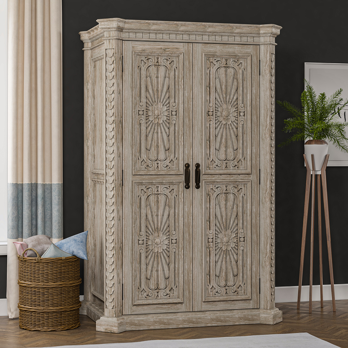 Nebula Solid Wood Armoire with Shelves and Drawers