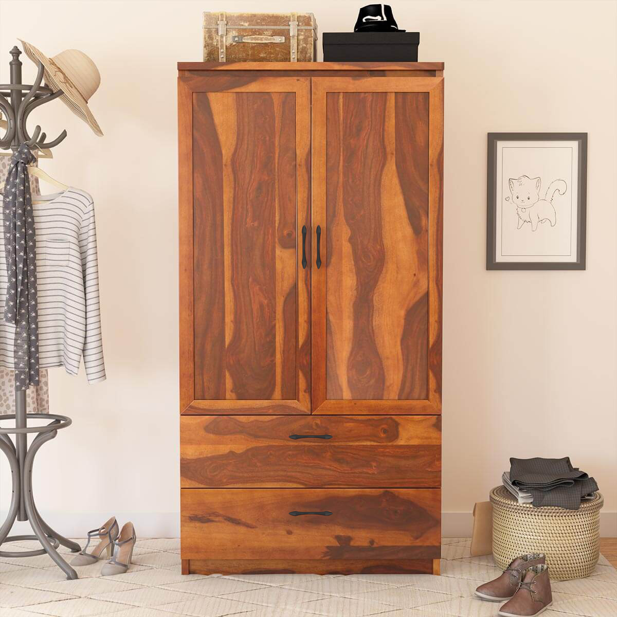 Rebecca Modern Solid Wood Wardrobe Clothing Armoire With Shelves
