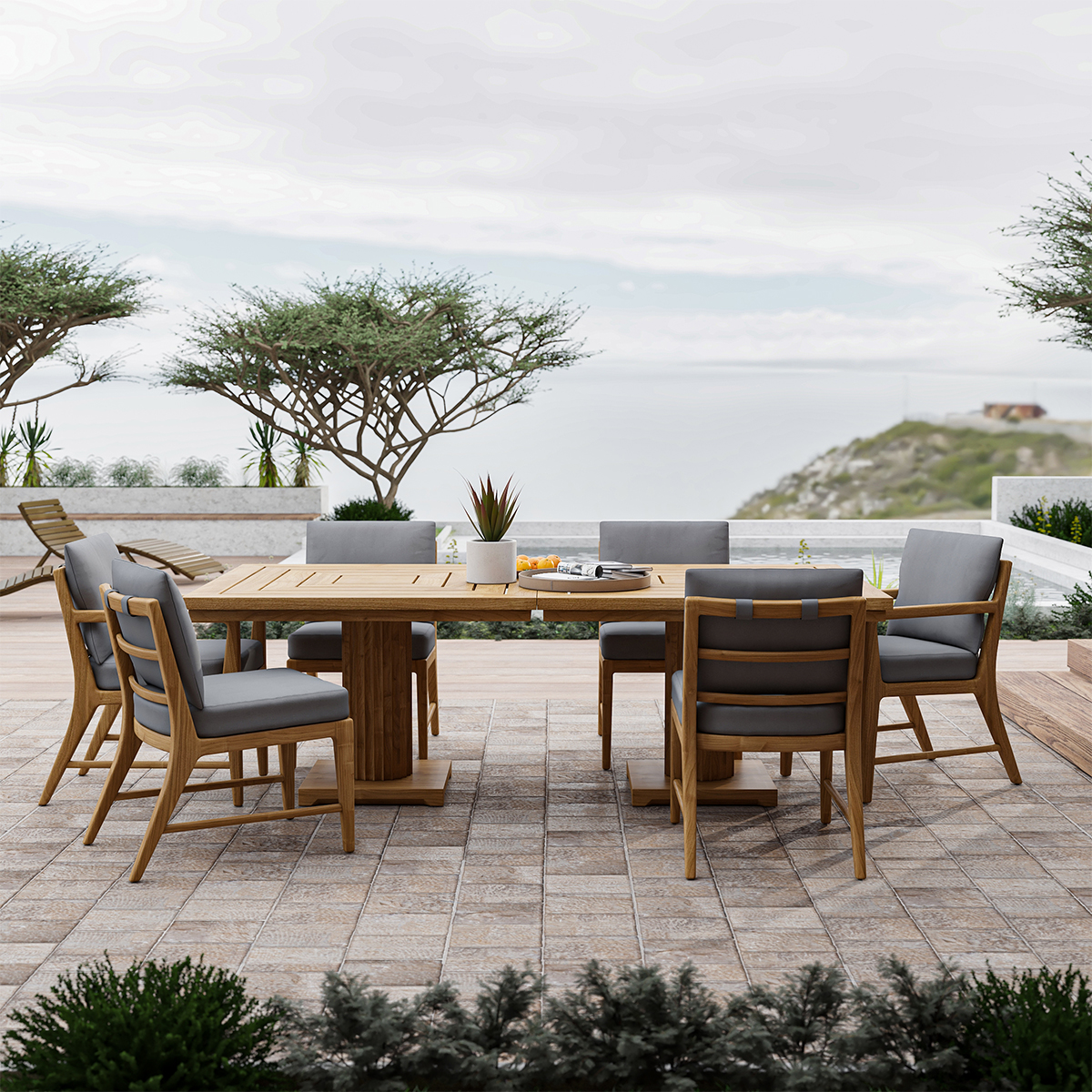 Merced Teak Wood Modern 7 Piece Pedestal Outdoor Dining Set