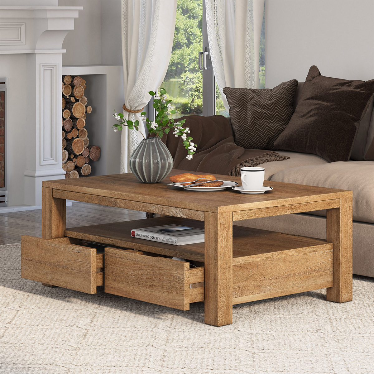 Glenbrook Solid Wood 2 Tier Coffee Table With Drawers