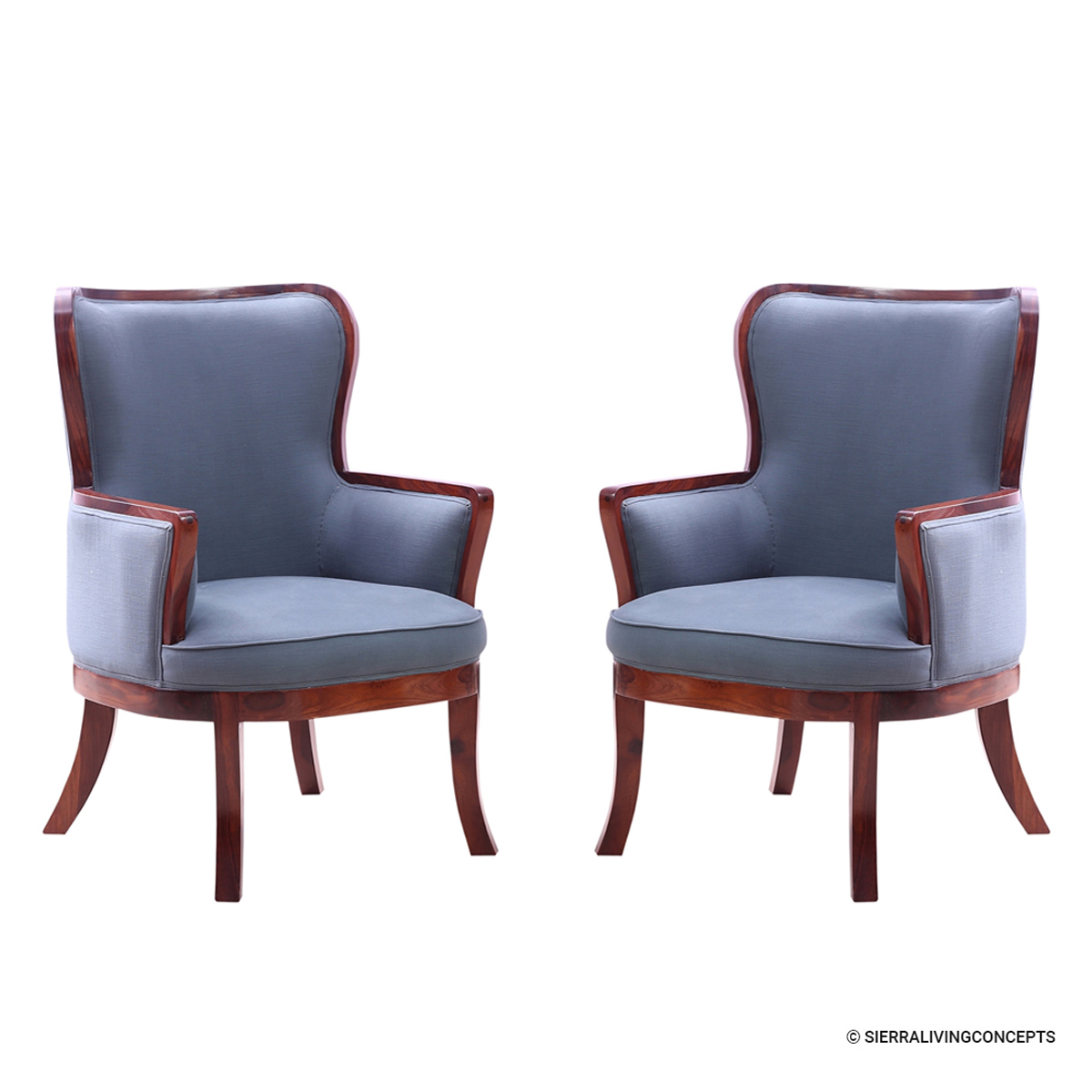 Walnut Wooden Frame Modern Wing Armchair Set of 2