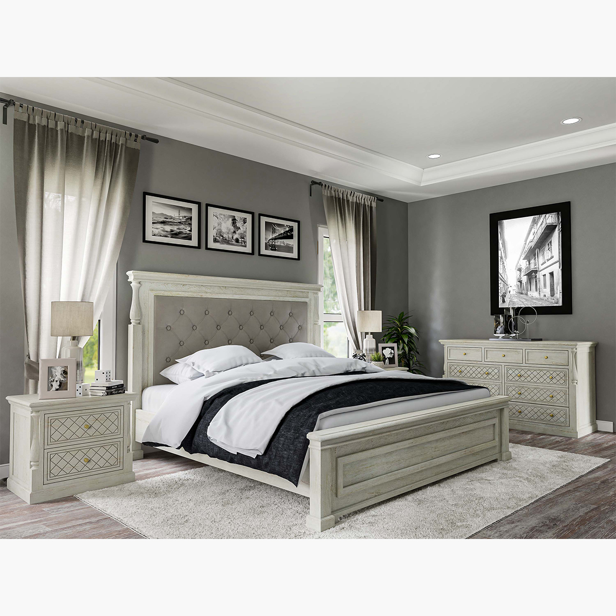 Bendigo Solid Wood 4 Piece Weathered White Bedroom Set