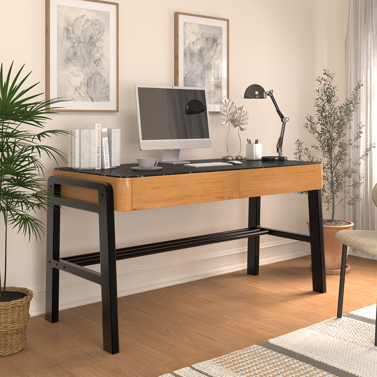 Medford Black Marble Top Desk With Drawers