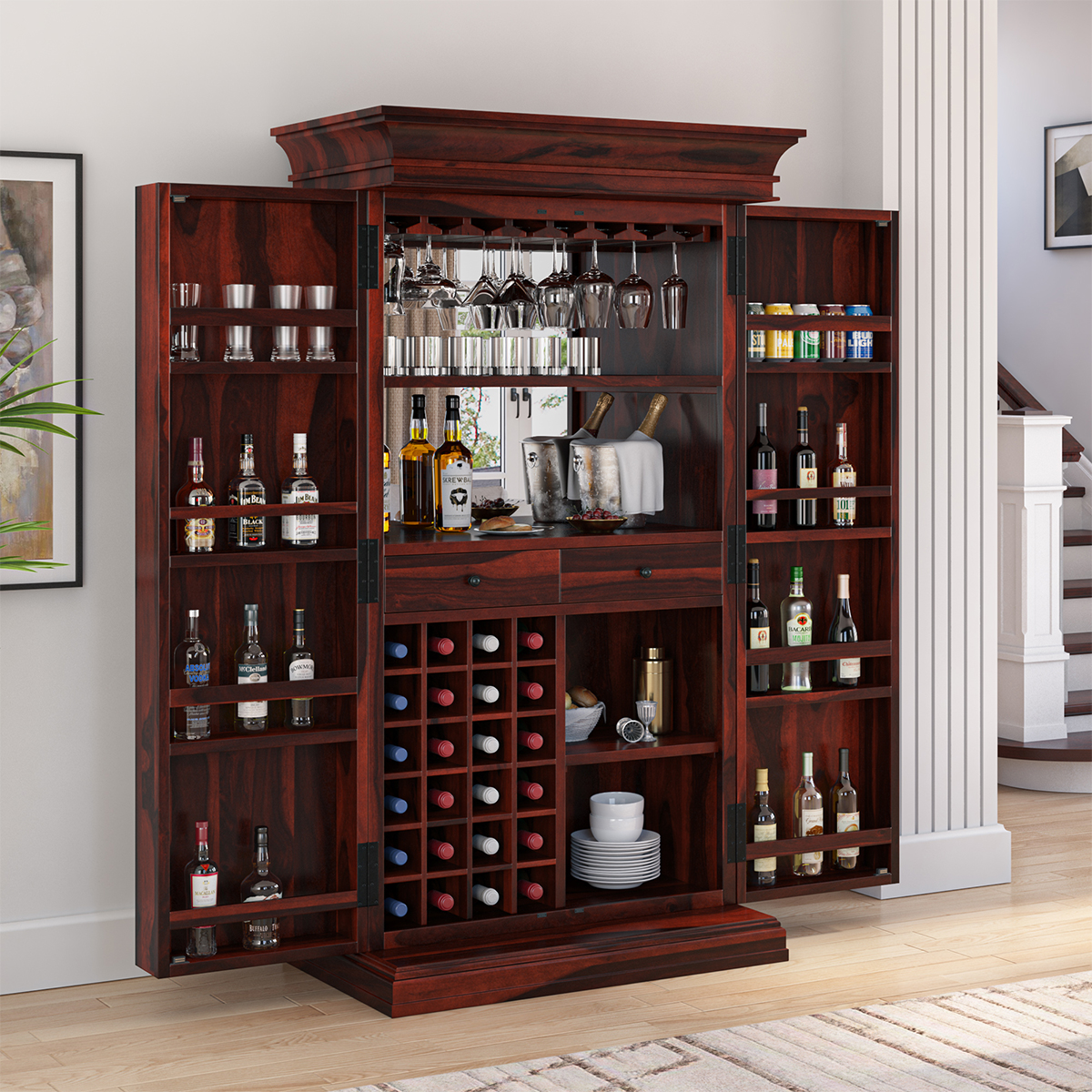Astoria Solid Wood Tall Bar Cabinet with Mirror