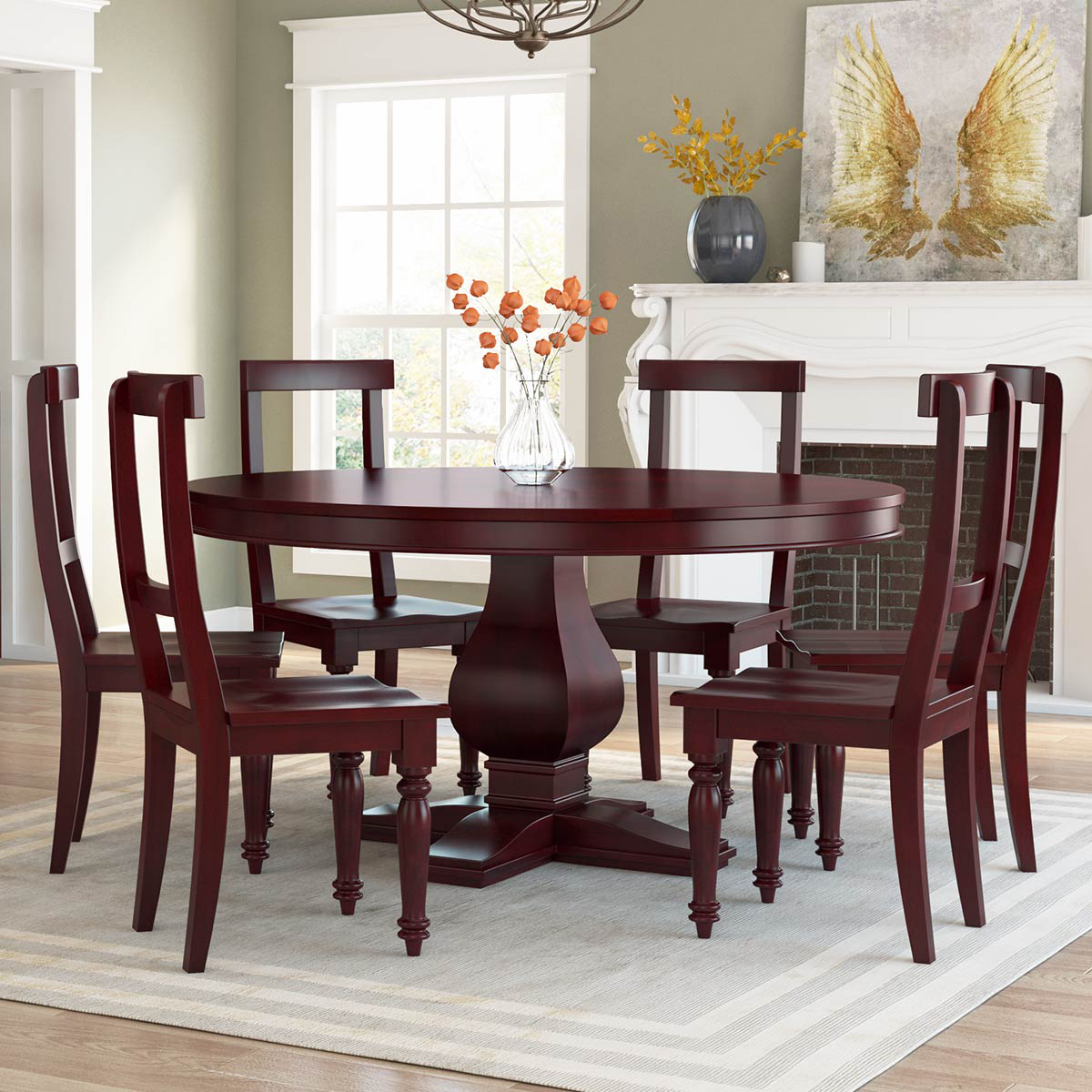 Arenzville Mahogany Wood Pedestal Round Dining Table Chairs Set
