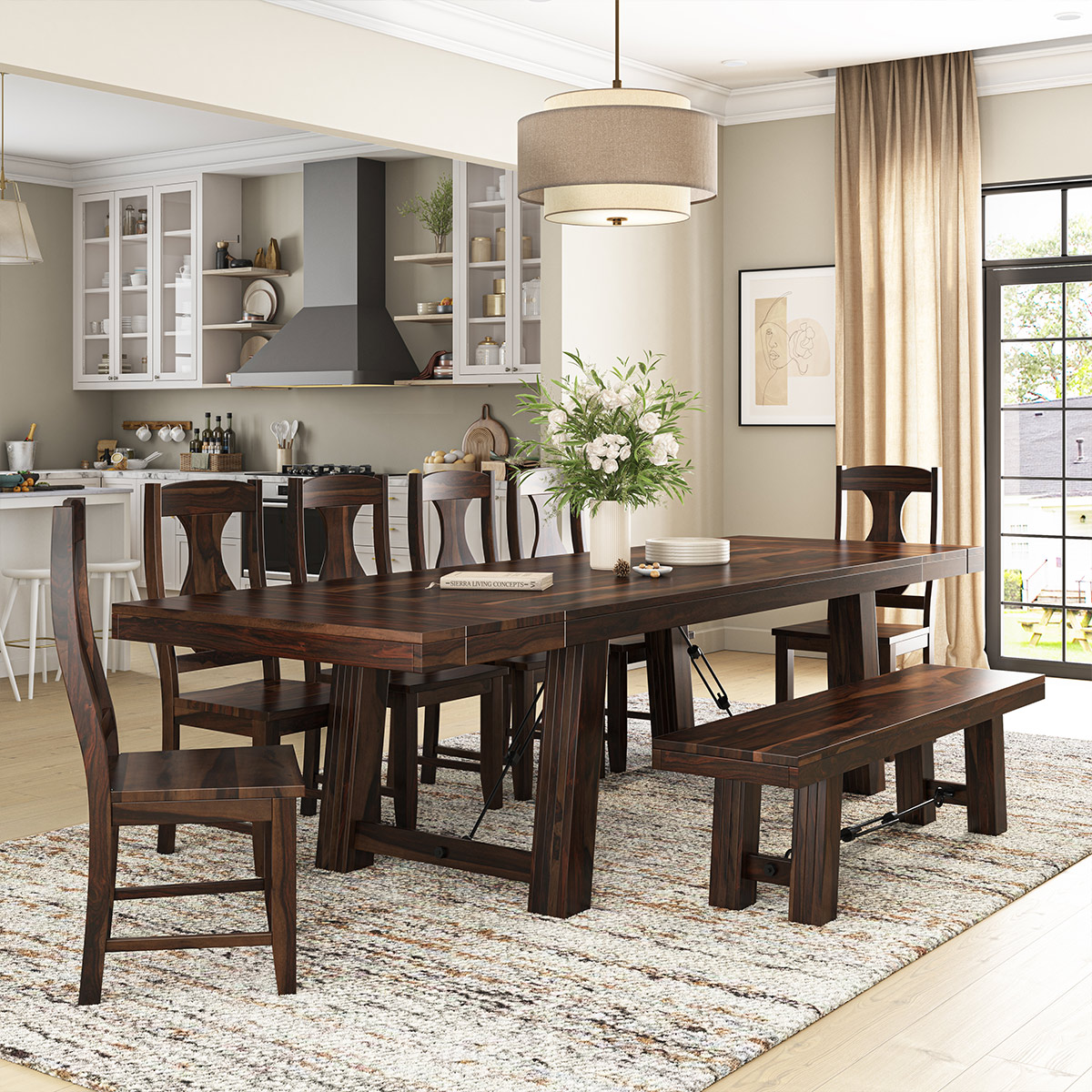 Tirana Rustic Solid Wood Extension Dining Table 6 Chairs and Bench Set