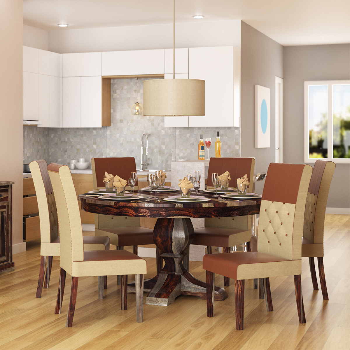 Hosford Modern Pedestal Base Round Dining Table and 6 Chairs Set