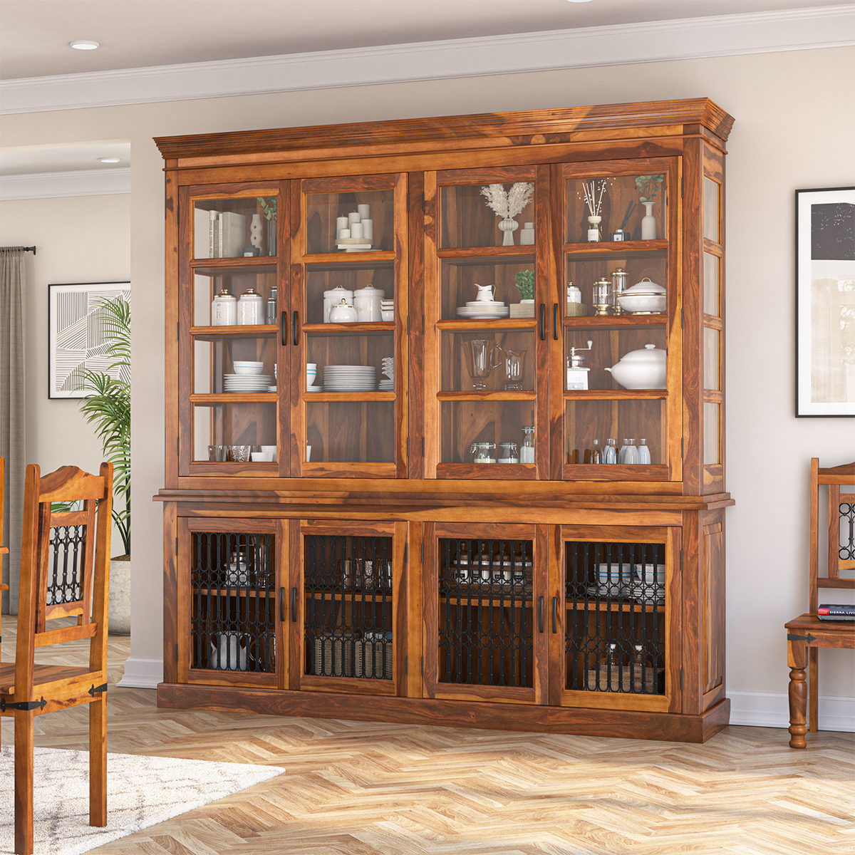 San Francisco Solid Wood China Cabinet Dining Room Hutch with Iron Grill Door