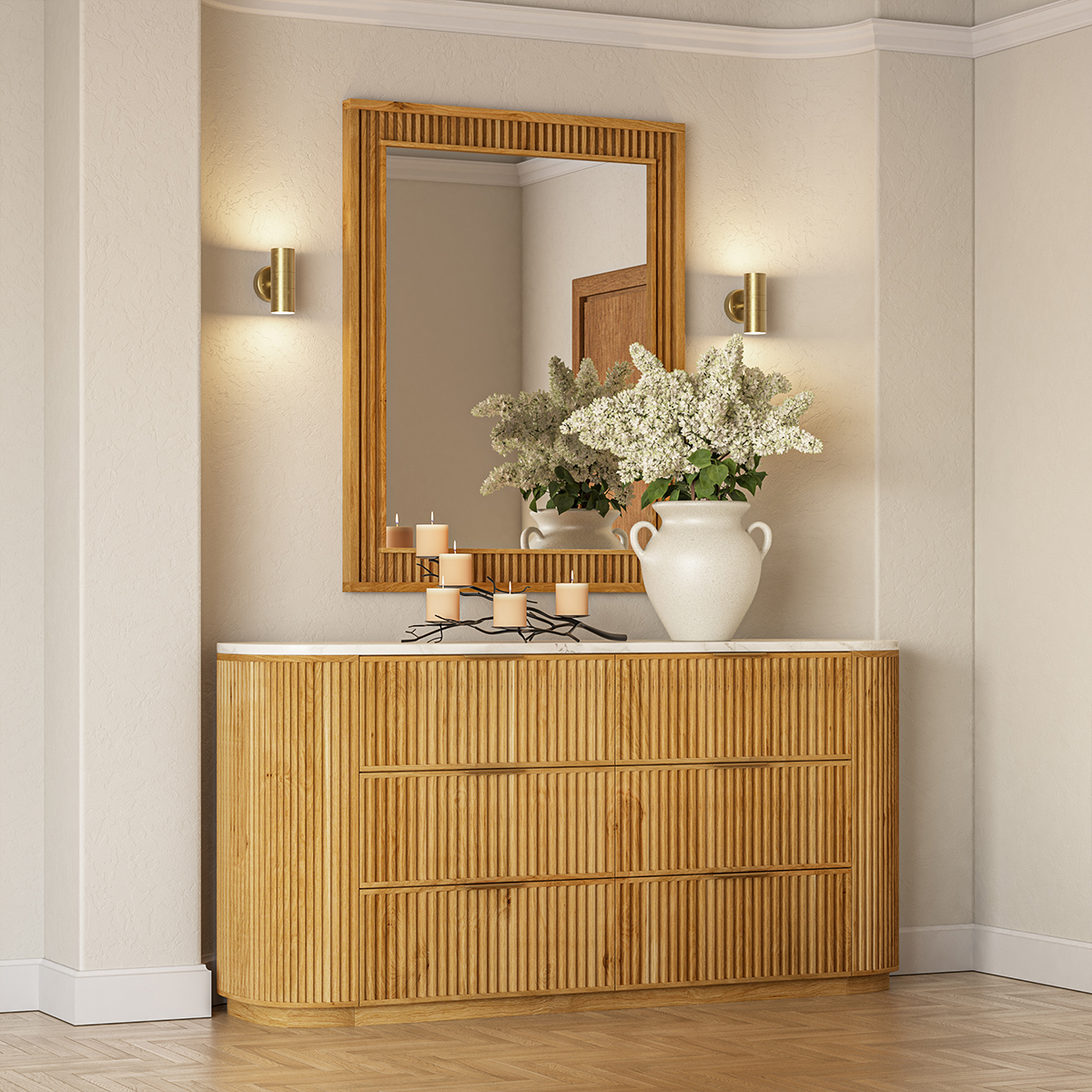 Cargo Curved 6 Drawer Fluted Dresser with Marble Top