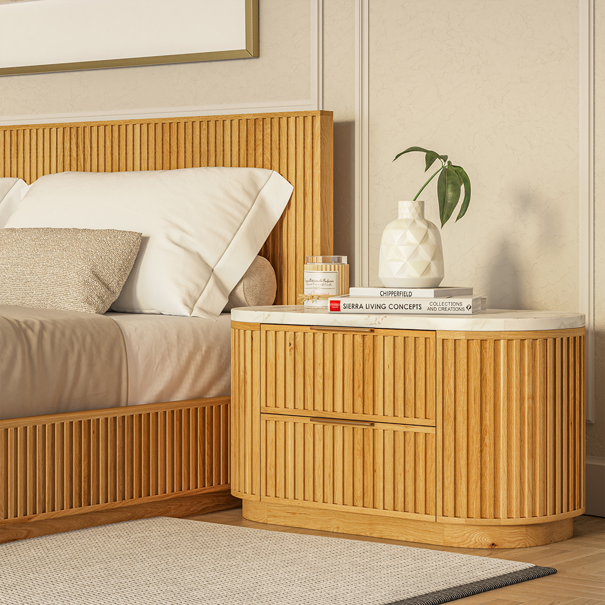 Cargo Solid Wood Two Drawer Nightstand with Marble Top