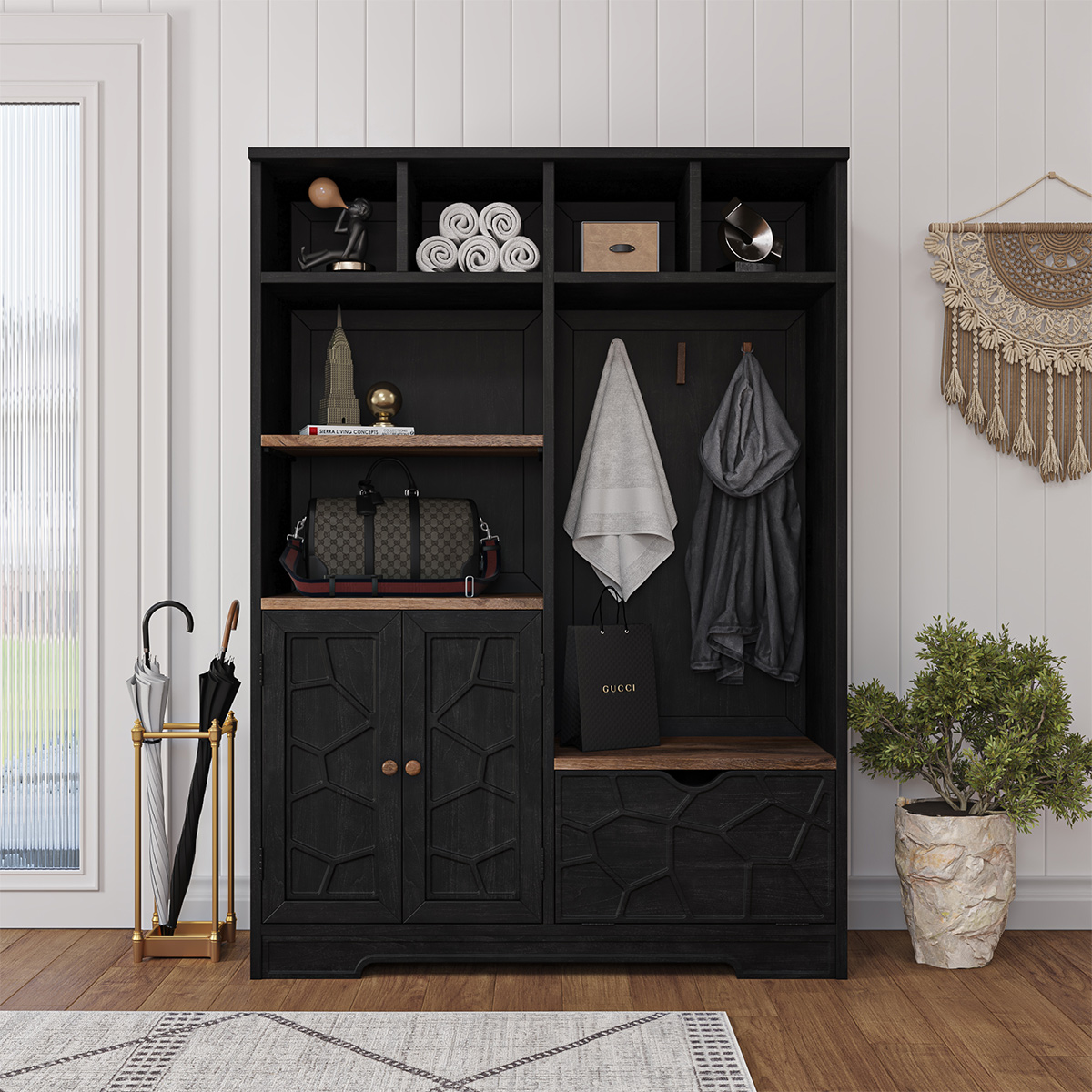 Pinecrest Modern Farmhouse Black Hall Tree with Bench and Storage
