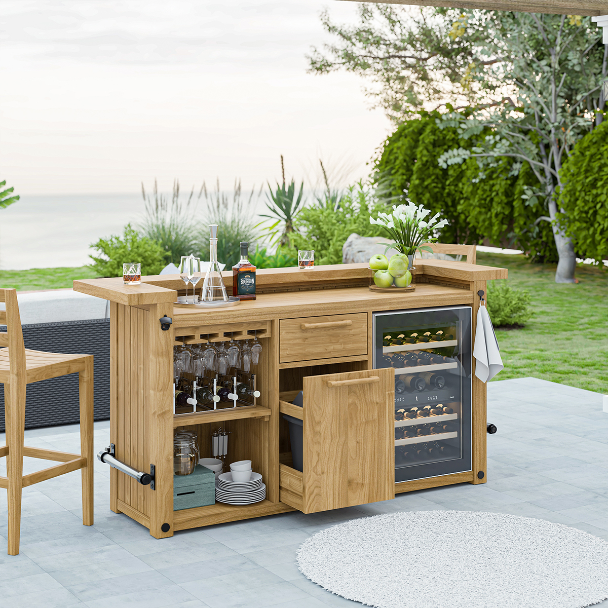 Clewiston Outdoor Bar Cabinet with Mini Fridge Space