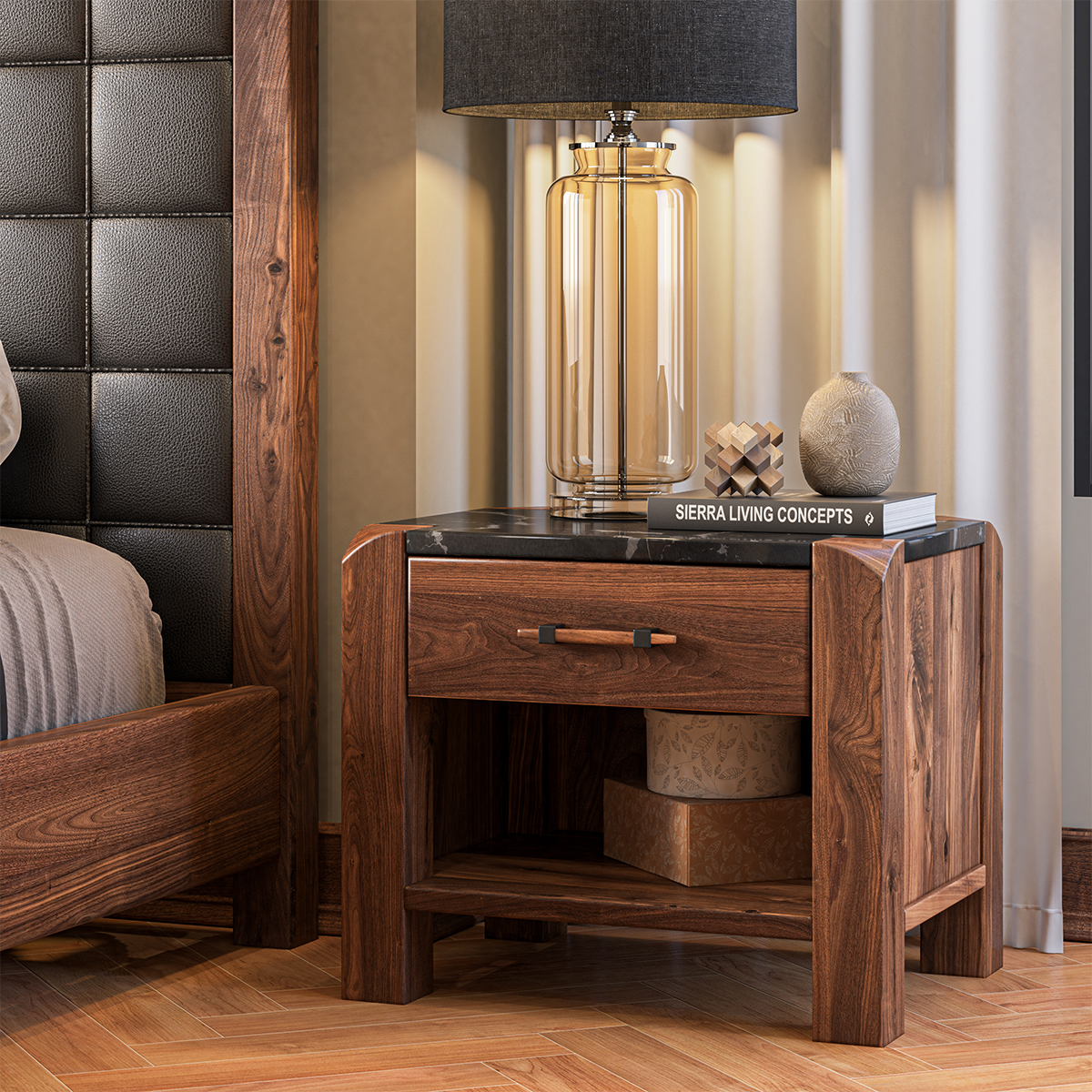 Brickell Black Marble Top Nightstand with Drawer and Shelf