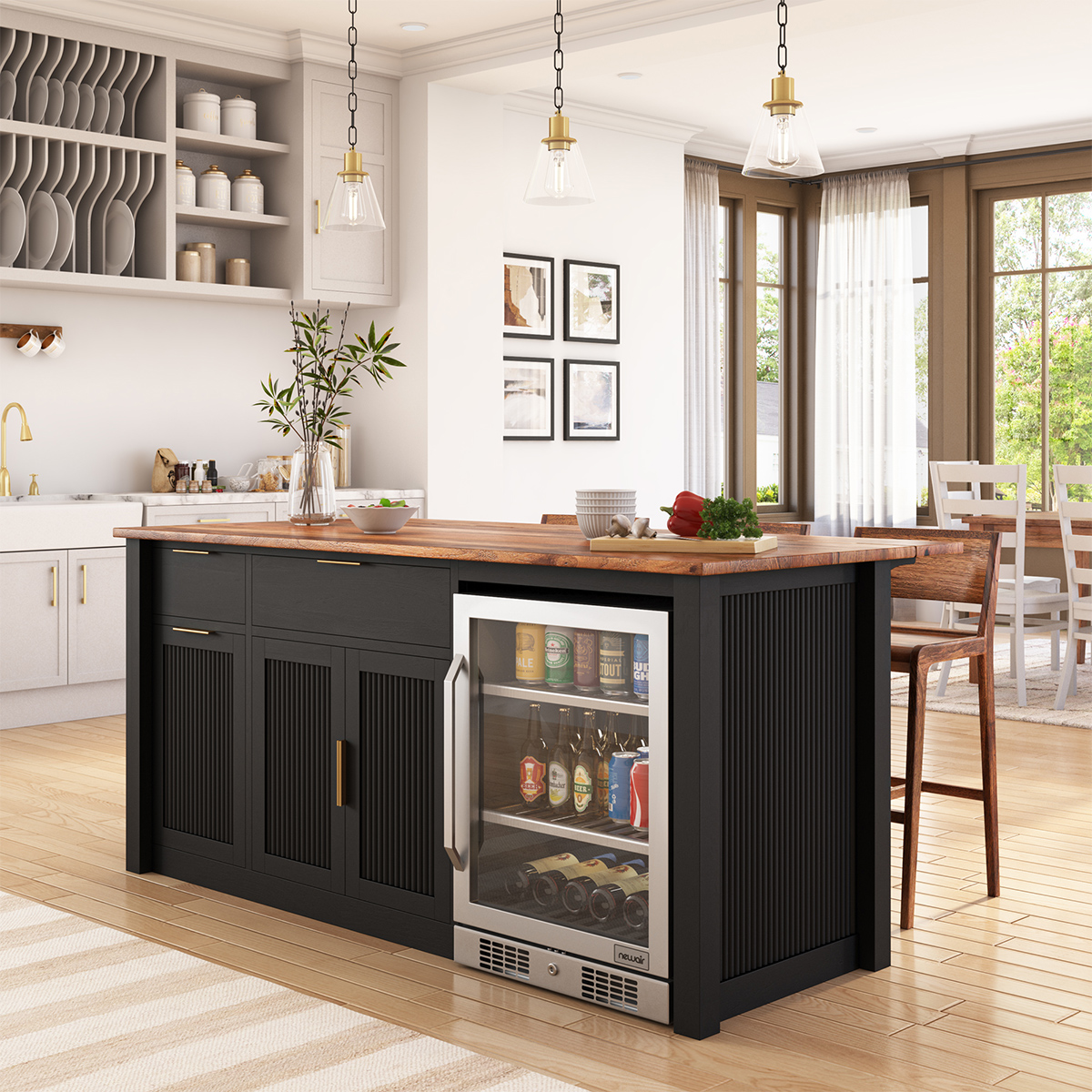 Bryan Fluted Farmhouse Black Kitchen Island with Mini Fridge Space