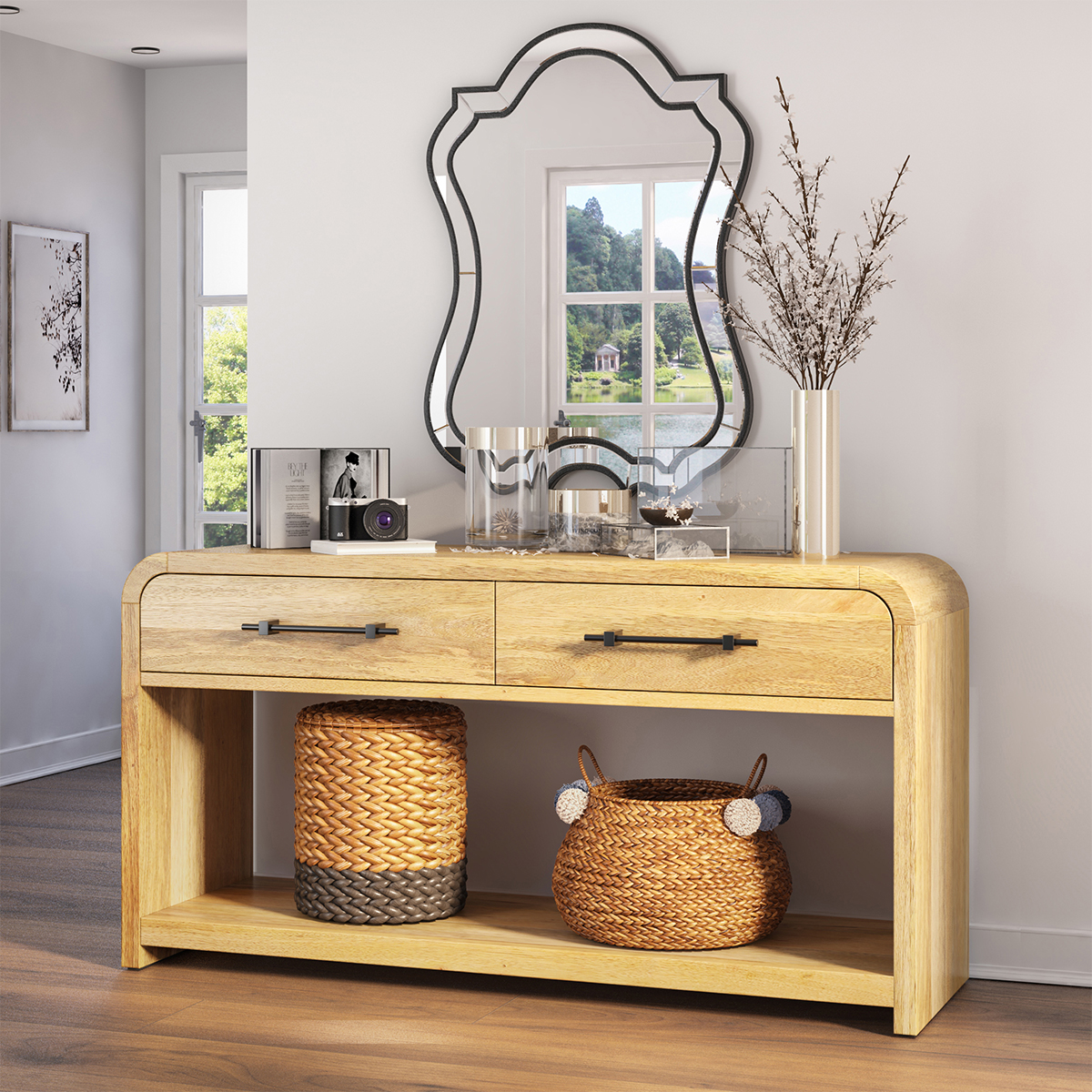 Okeechobee Waterfall Curved Console Table with Drawers