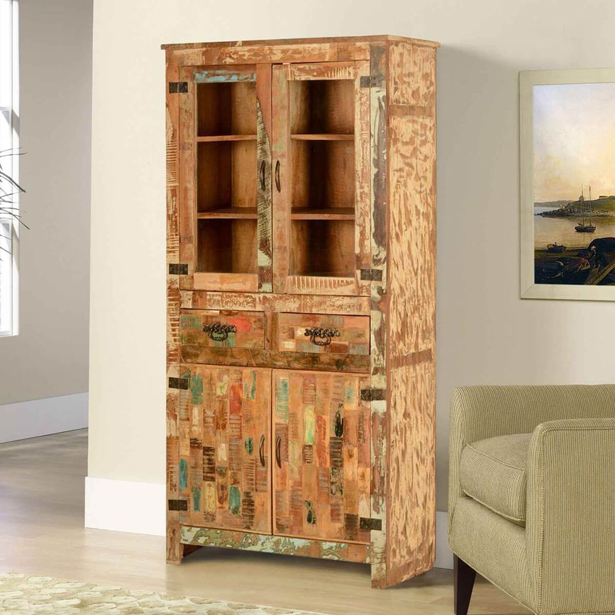 Mondrian Rustic Display Cabinet with Drawers