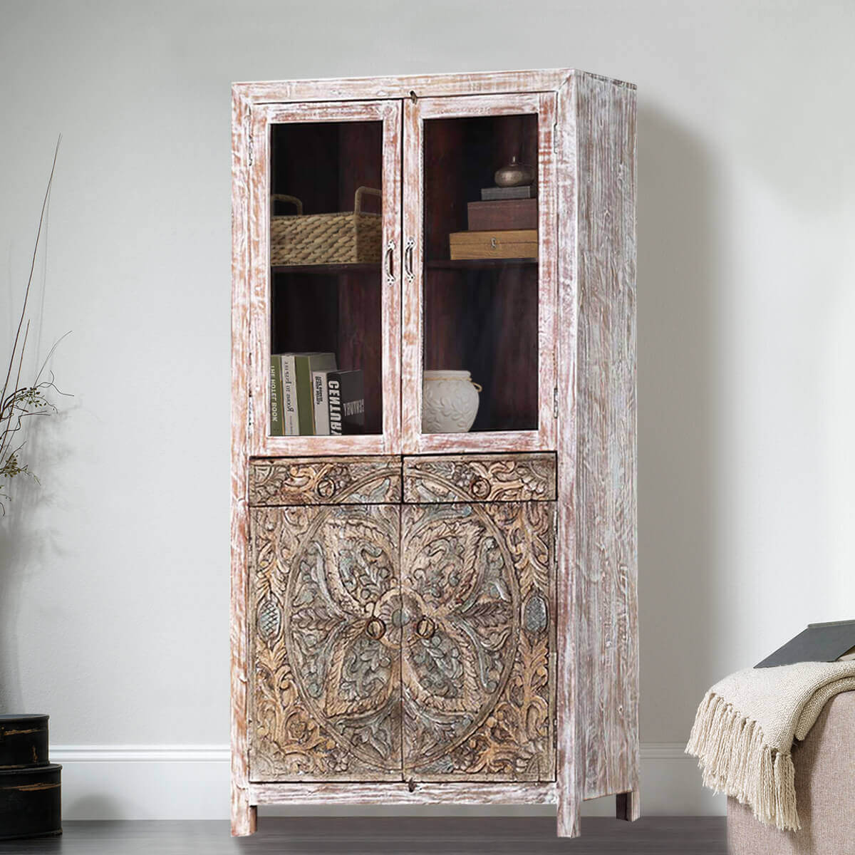 Indio Floral Hand Carved Display Cabinet with Glass Doors