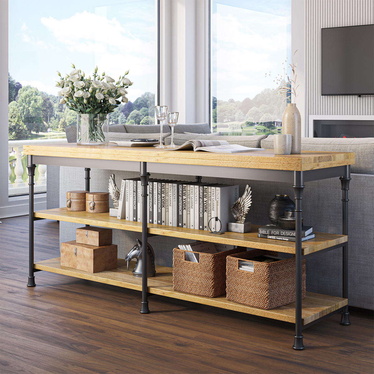Encino Industrial Sofa Console Table With Shelves