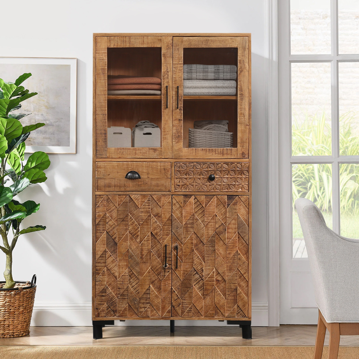 Downey Rustic Display Cabinet With Drawers