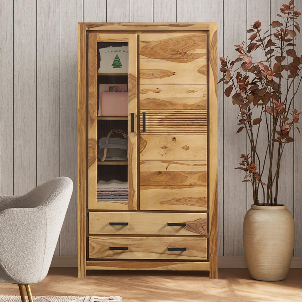 Vacaville Modern Armoire with Display Glass and Drawers