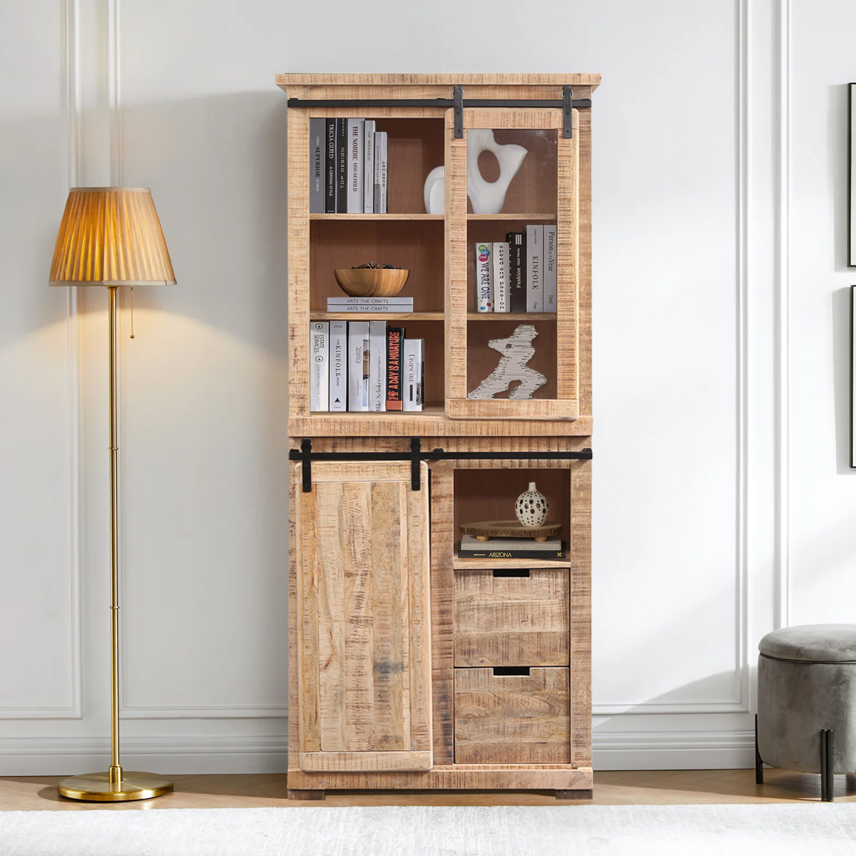 Stockton Barn Door Display Cabinet with Drawers