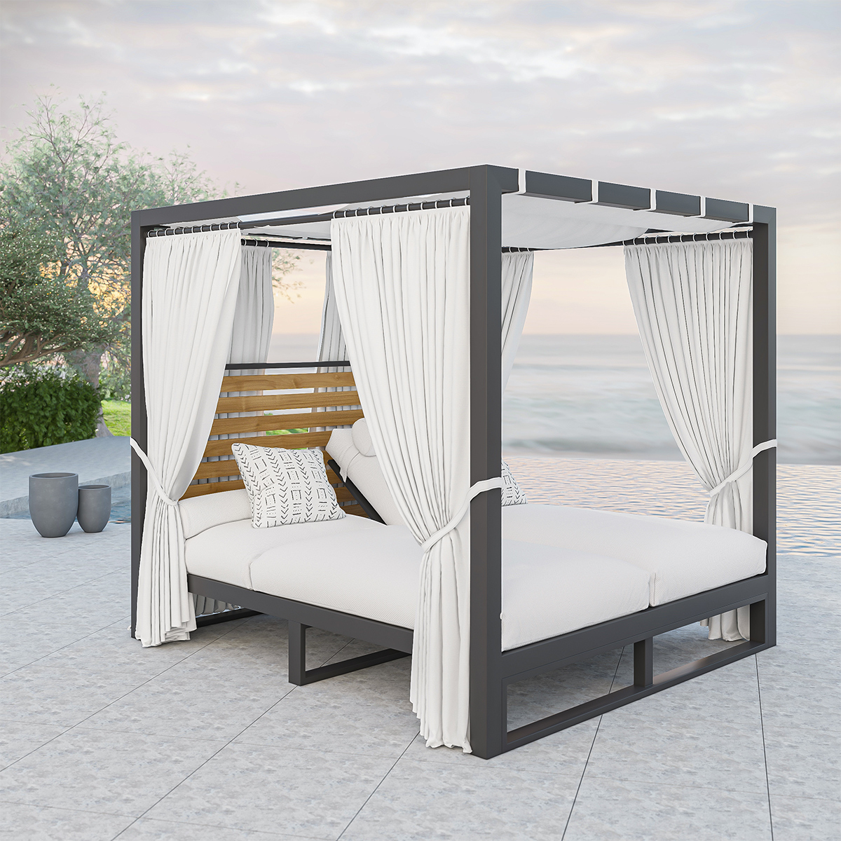 Madera Metal & Teak Black Outdoor Daybed Double Chaise Lounge with Canopy