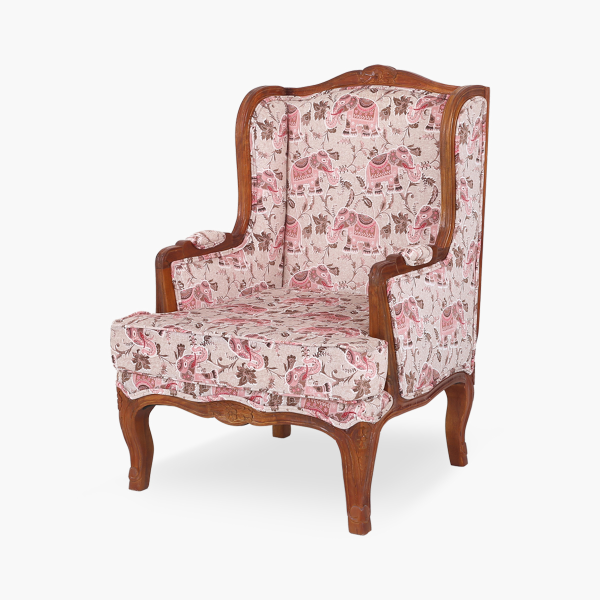 Forestville Elephant Motif Upholstered Wingback Accent Chair with Armrest
