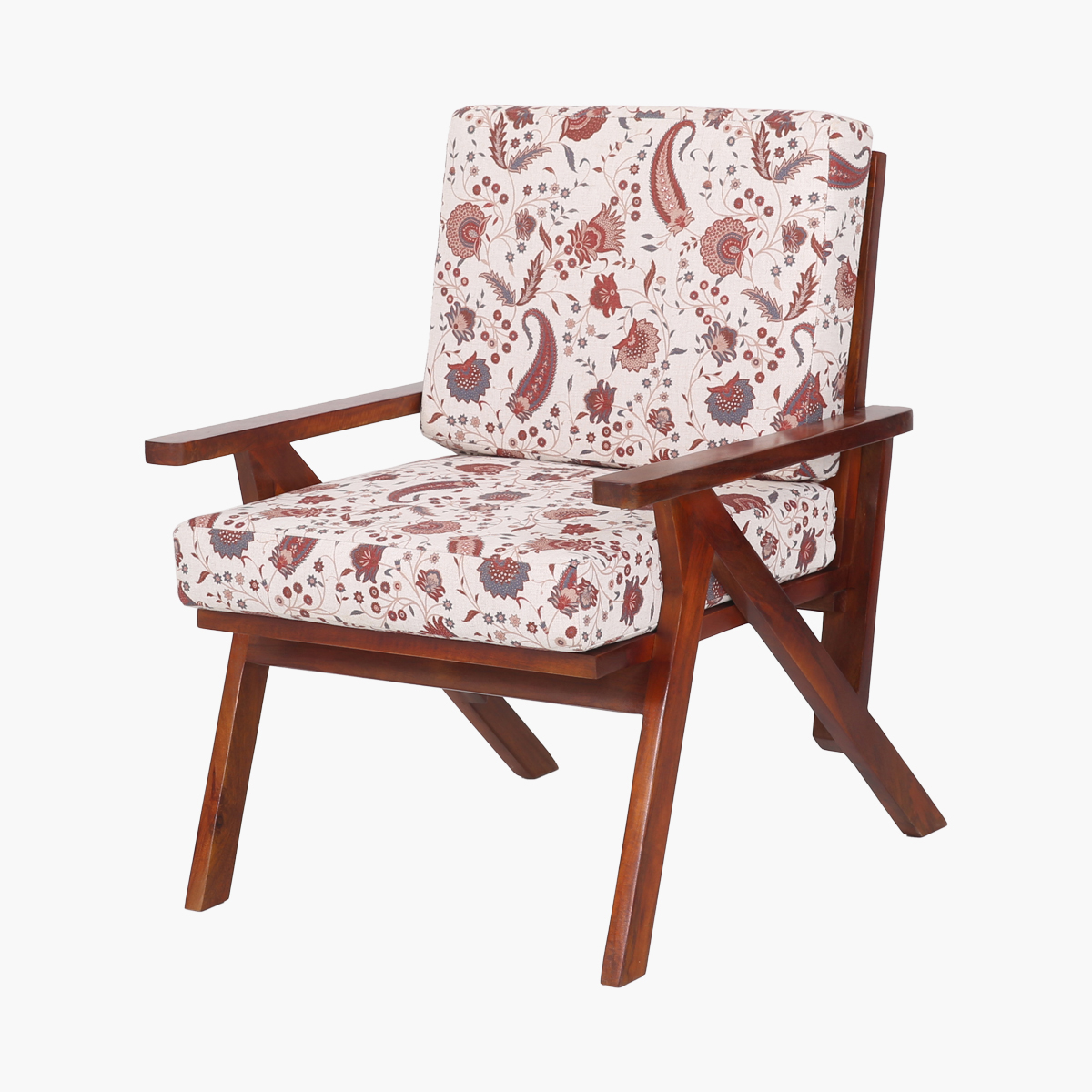 Japantown Floral Upholstered Arm Chair with Angled Wood Frame