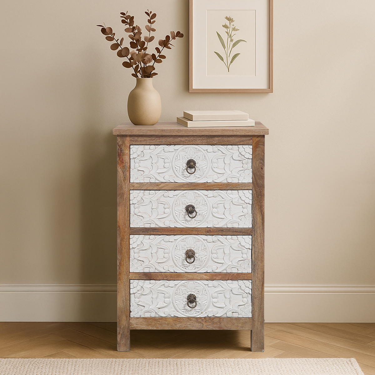 Hesperia Hand Carved Solid Wood 4 Drawer Dresser Chest
